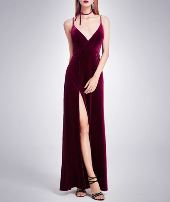 Burgundy Spaghetti Strap V Neck Evening Dress With Slits And Open Back