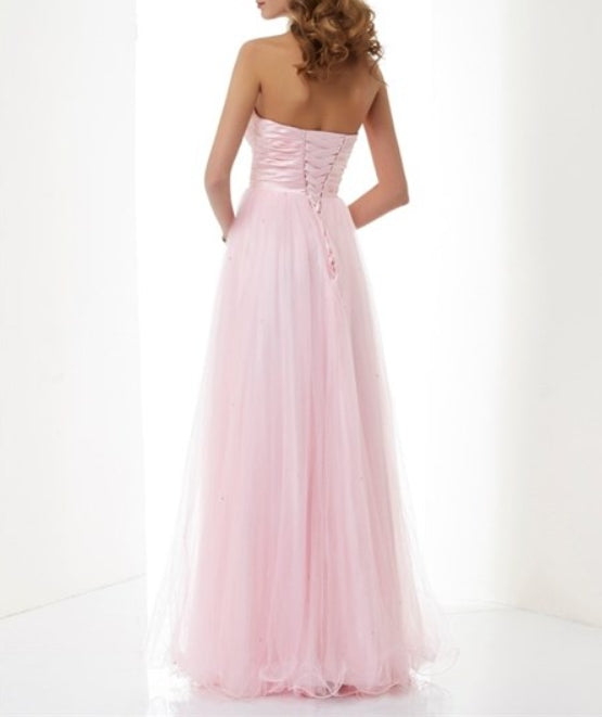 Blush Pink Strapless Tulle Overlay Evening Dress With Ruched Empire Waist