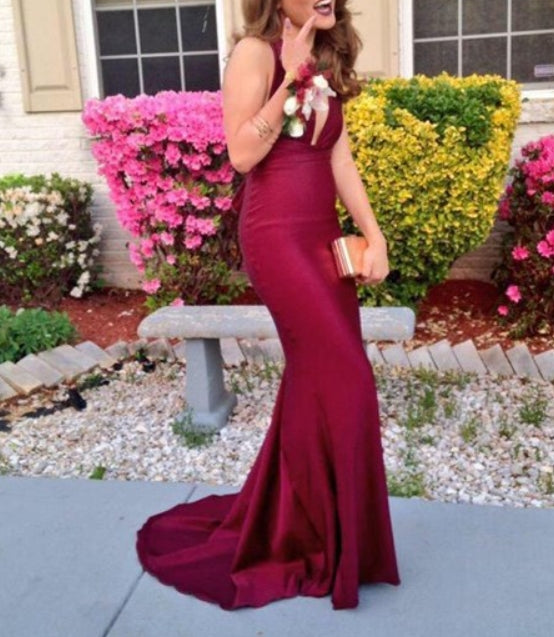Burgundy Plunge V Neck Sleeveless Mermaid Cut Out Waist Formal Evening Dress