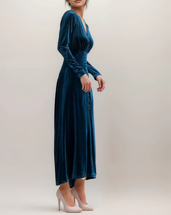 Vintage Velvet V-Neck Long Evening Dress with Ruched Bodice