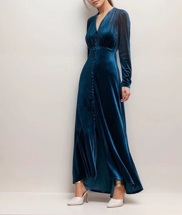 Vintage Velvet V-Neck Long Evening Dress with Ruched Bodice