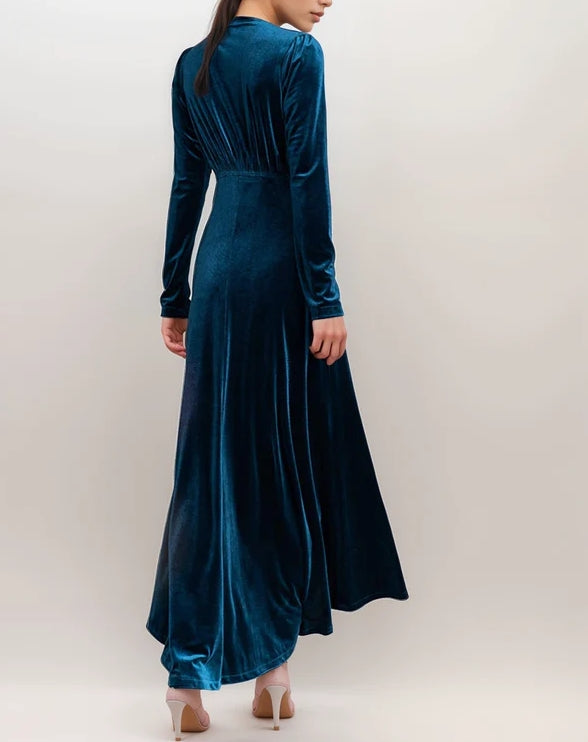 Vintage Velvet V-Neck Long Evening Dress with Ruched Bodice