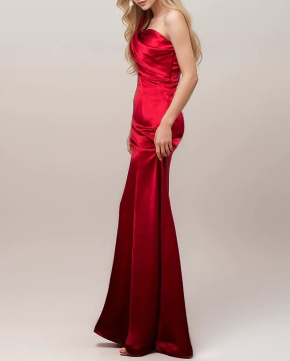 Sexy One Shoulder Pleated Bodice Mermaid Silky Satin Evening Dress