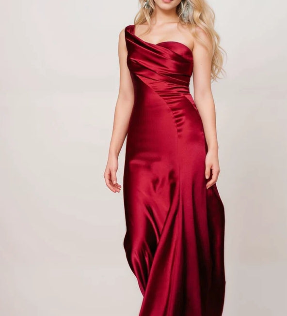 Sexy One Shoulder Pleated Bodice Mermaid Silky Satin Evening Dress