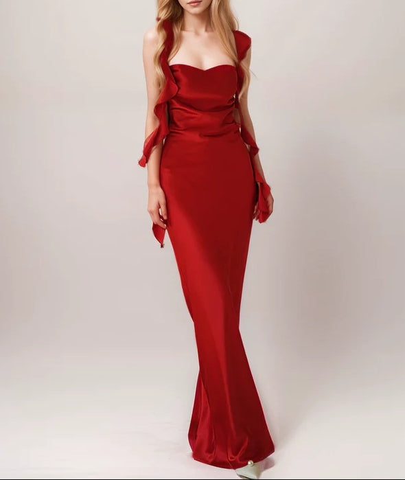 Sexy Ruffled Straps Tie Back Pleated Bodice Sheath Silky Satin Evening Dress