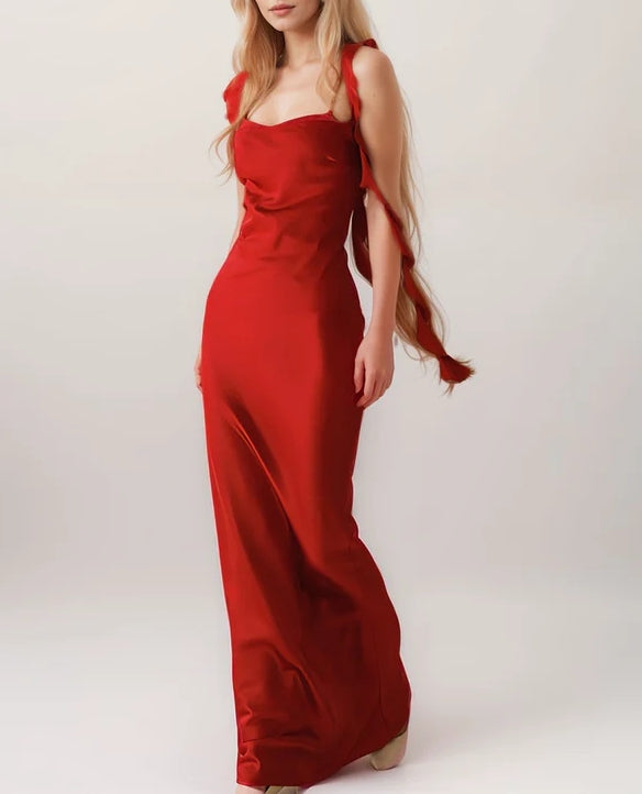 Sexy Ruffled Straps Tie Back Pleated Bodice Sheath Silky Satin Evening Dress