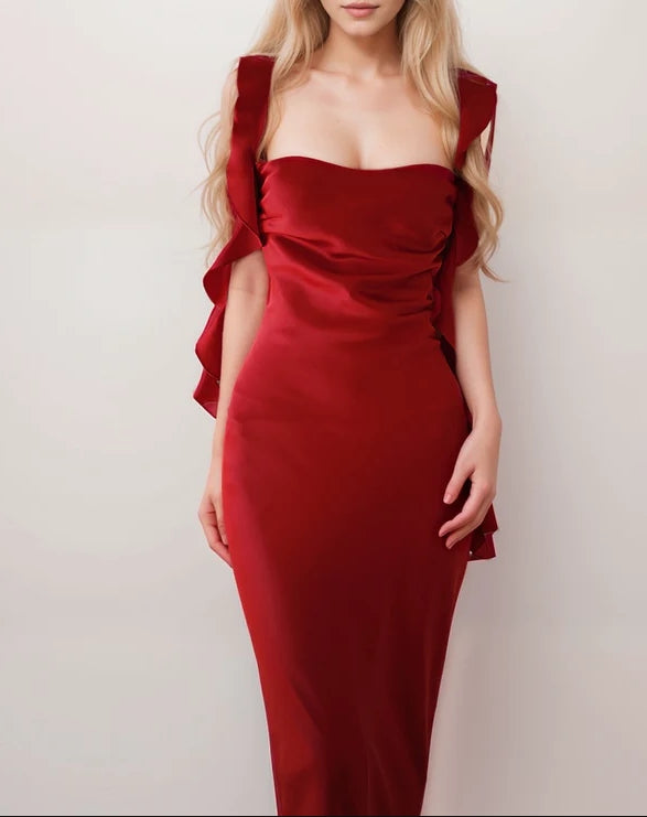 Sexy Ruffled Straps Tie Back Pleated Bodice Sheath Silky Satin Evening Dress