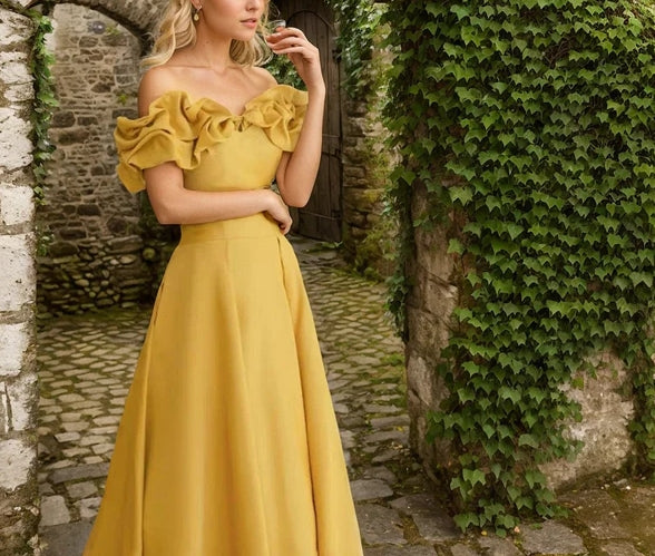Sexy Off-the-shoulder Long Princess Style A-line Satin Evening Dress With Ruffled Sleeves
