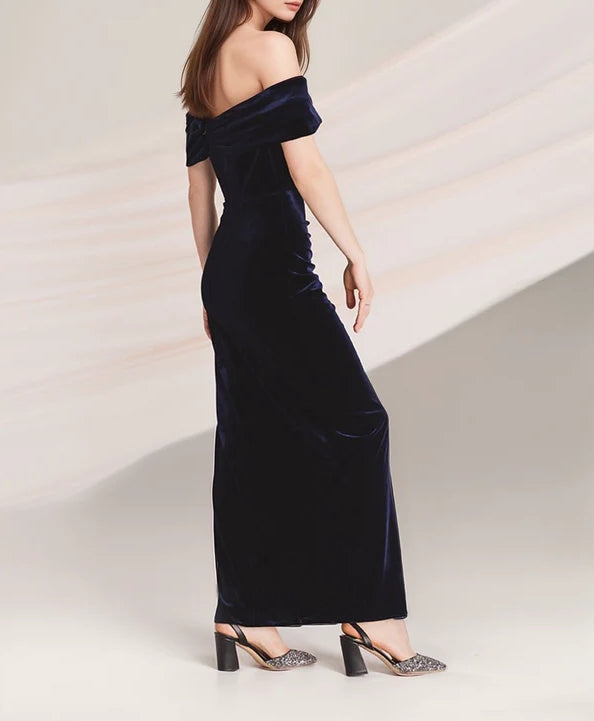 Off-the-Shoulder Ruched Sheath Velvet Evening Dress with Thigh Slit