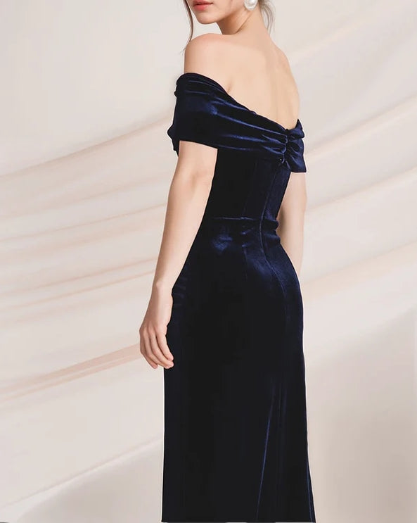 Off-the-Shoulder Ruched Sheath Velvet Evening Dress with Thigh Slit