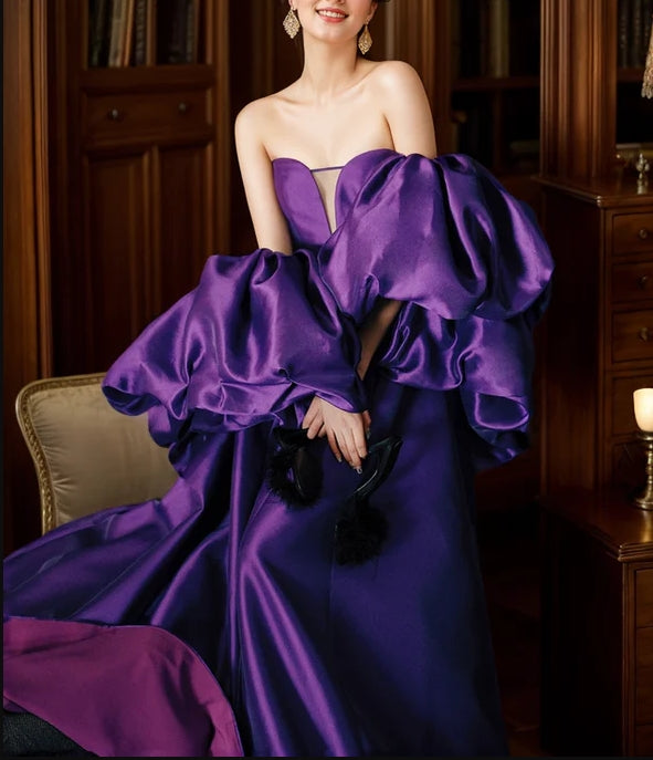 Strapless satin princess ballgown Evening dress with detachable bishop sleeves