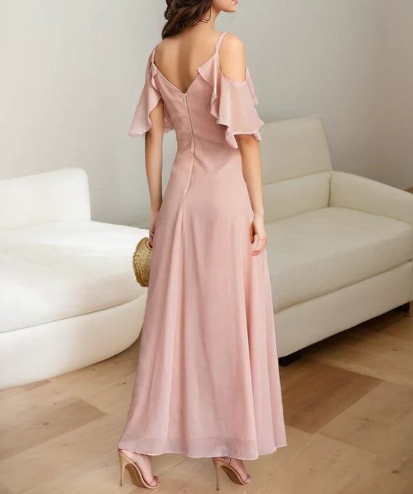 Ruffled sleeves strap deep V-neck A-line ankle length chiffon Evening Dress