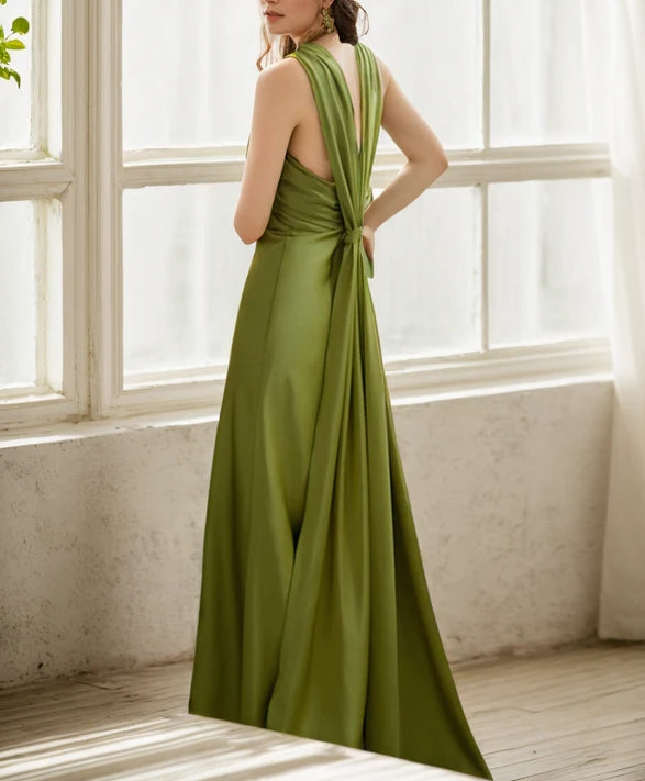 Greece Goddess Haltered Sheath Silky Satin Evening Dress With Long Ribbon Multiple Colors