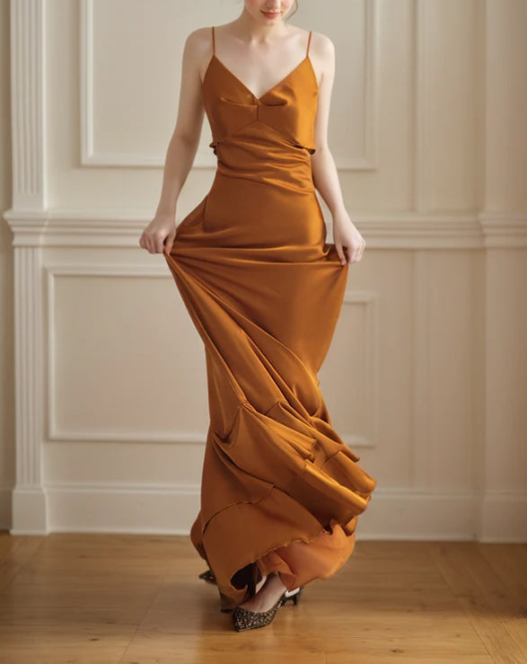 Vintage Deep V Neck Low Back Pencil Skirt Ruffled Silky Satin Evening Dress