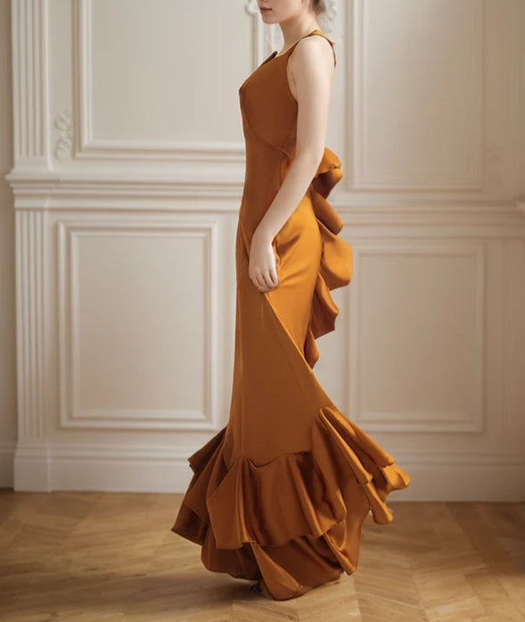 Vintage Deep V Neck Low Back Pencil Skirt Ruffled Silky Satin Evening Dress