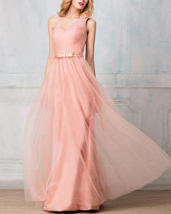 One-shoulder floor-length tulle long Evening dress