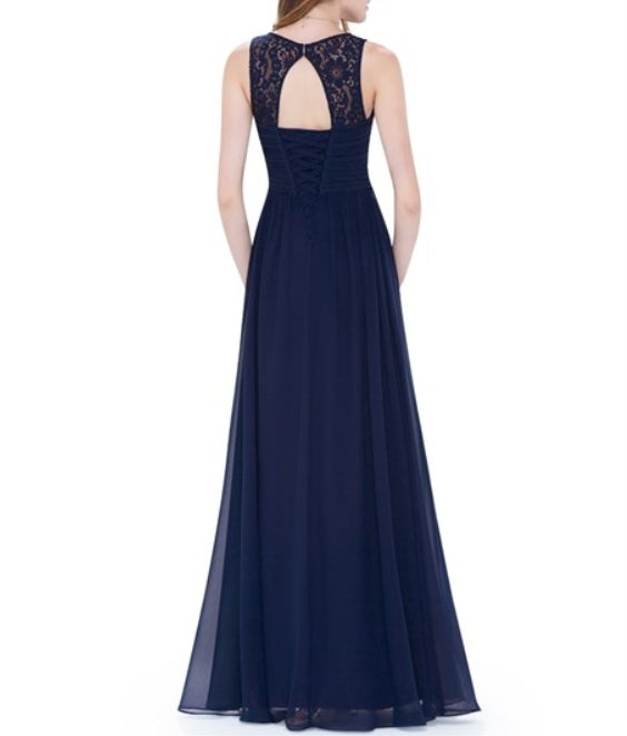 Navy Blue V Neck Sleeveless Lace Illusion Neckline Long Chiffon Evening Dress