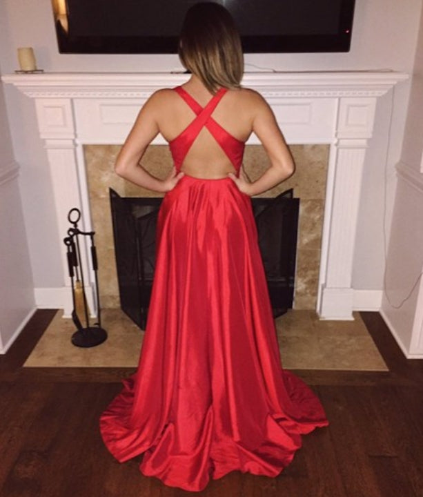 Red V Neck Open Back Floor Length Sleeveless Formal Evening Dress With Slits