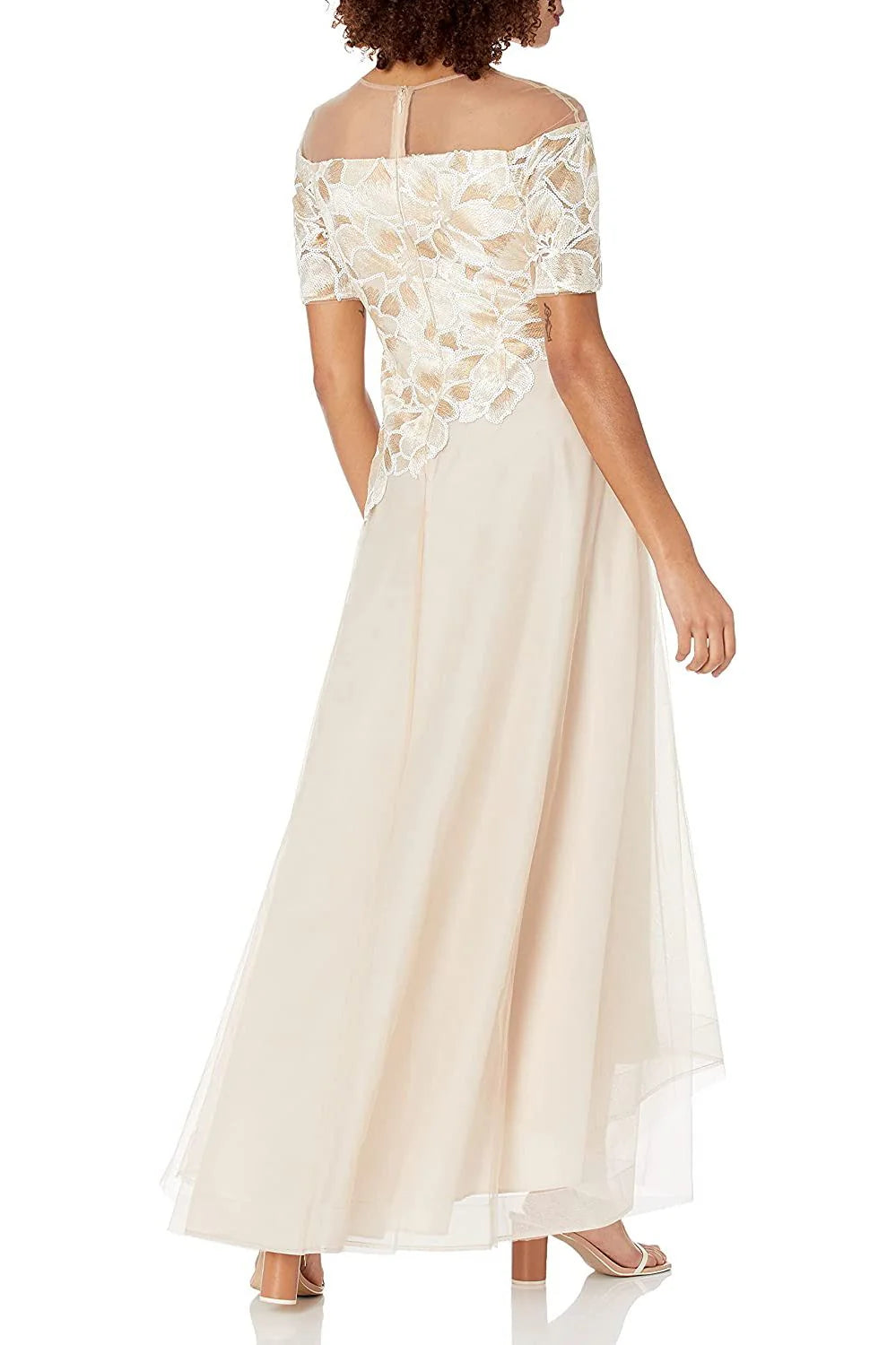 Crew Neck Illusion Short Sleeve Embroidered Sequined Zipper Back A-Line High Low Hem Mesh Mother of the Bride