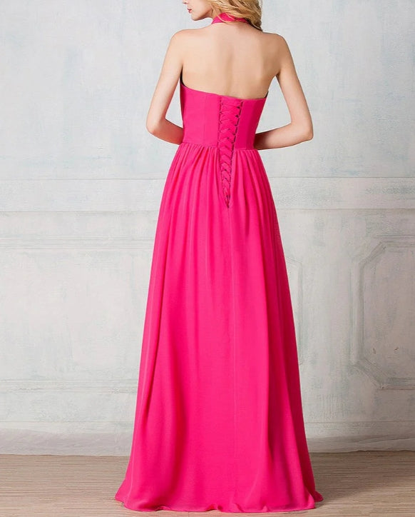 Halter Sleeveless Long Pleated Prom Gown Suitable For Evening Dress