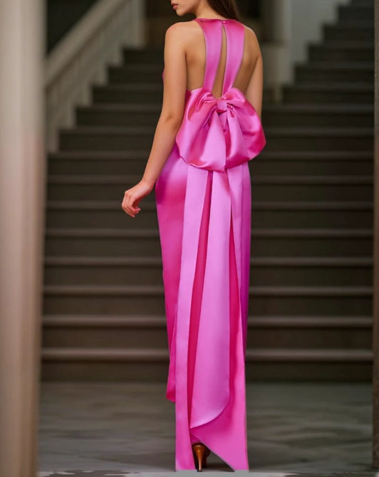 Haltered Bow Design Back Sheath Silky Satin Prom Dress With Bow-tie Multiple Colors