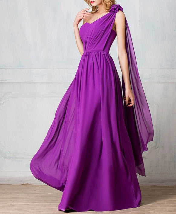 One-shoulder Full-length Chiffon Long Prom Dress