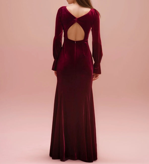 Sheath Velvet Prom Dress with Ruffled Open Long Sleeves and Hollow Back