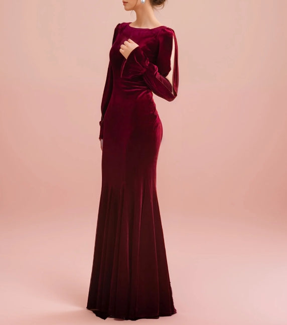 Sheath Velvet Prom Dress with Ruffled Open Long Sleeves and Hollow Back