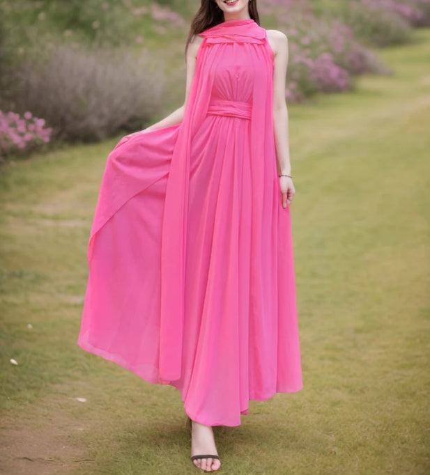 Elegant Halter Neck Flowy Ribbon A-line Chiffon Prom Dress