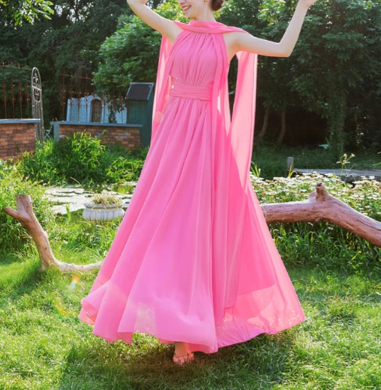 Elegant Halter Neck Flowy Ribbon A-line Chiffon Prom Dress