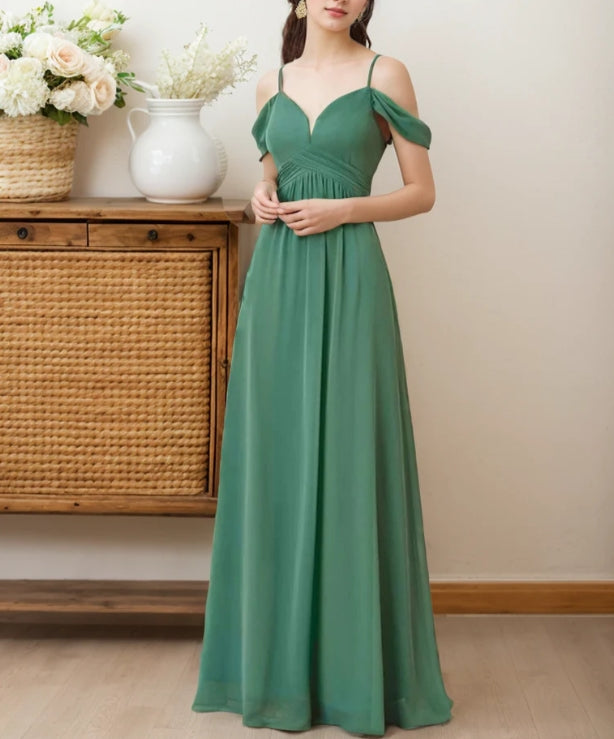 Off-the-shoulder Sleeves Strap Deep V-neck A-line Chiffon Prom Dress