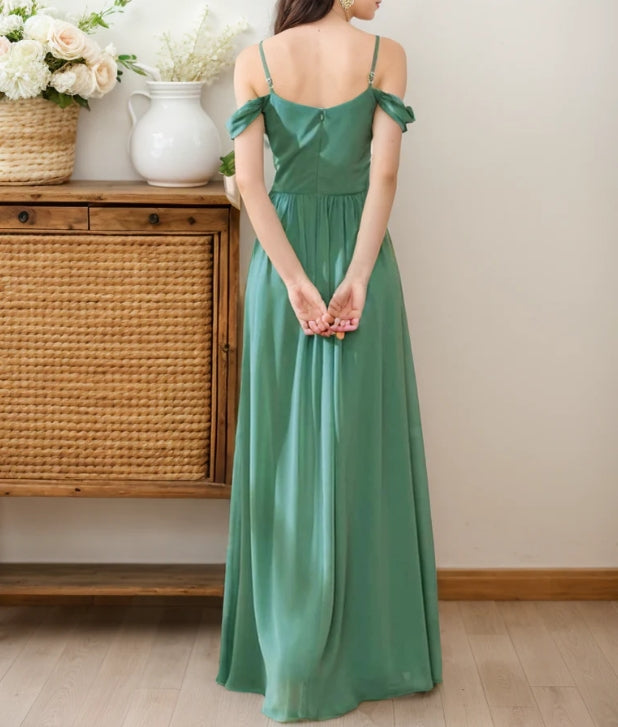 Off-the-shoulder Sleeves Strap Deep V-neck A-line Chiffon Prom Dress