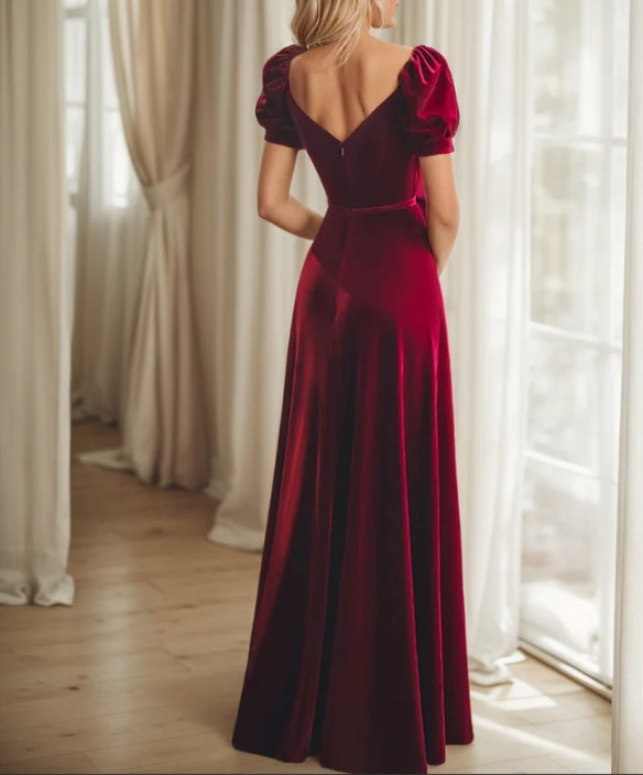 Puffed Short Sleeves Velvet Long Prom Dress With Sweetheart Neckline