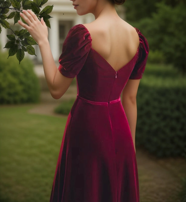 Puffed Short Sleeves Velvet Long Prom Dress With Sweetheart Neckline