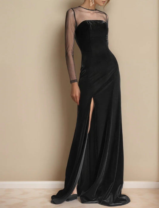 Elegant Vintage Black Velvet Dress with Mesh Long Sleeves & Slit