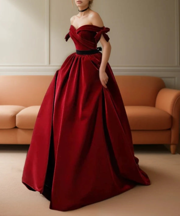 Handmade Off-the-shoulder Ball Gown Velvet Dress With Bows