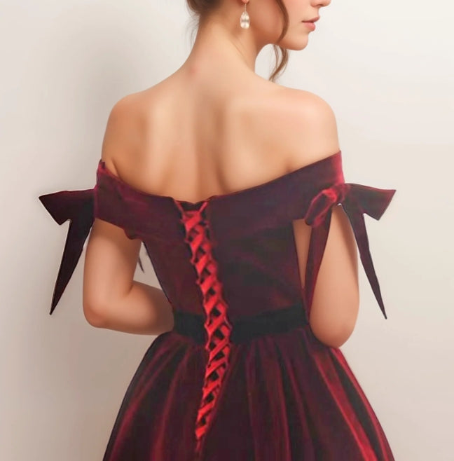 Handmade Off-the-shoulder Ball Gown Velvet Dress With Bows