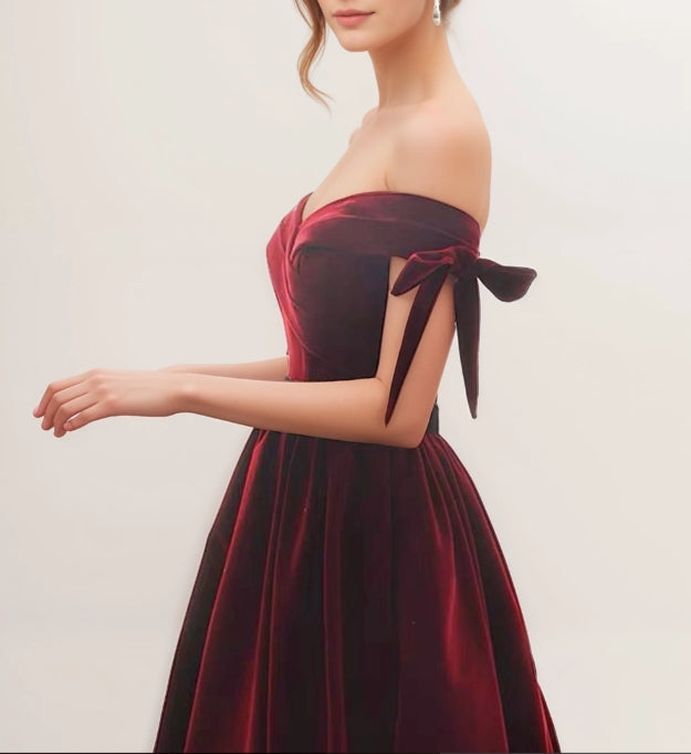 Handmade Off-the-shoulder Ball Gown Velvet Dress With Bows