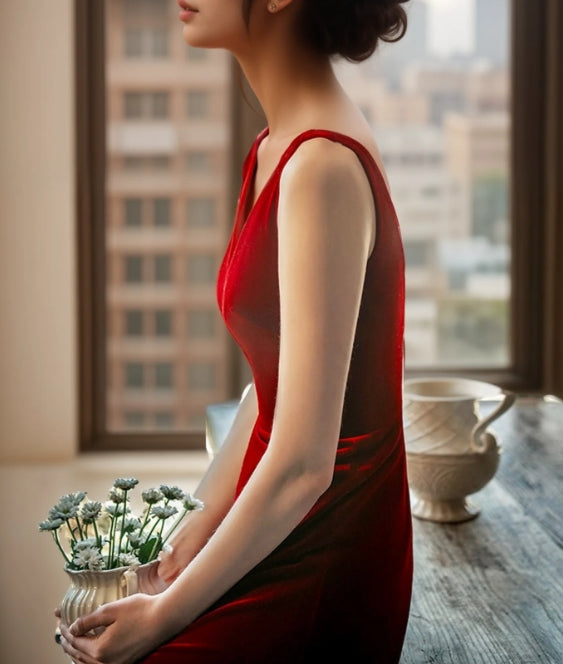 Elegant V-Neck Low Back Sleeveless Hepburn Style Long Velvet Dress