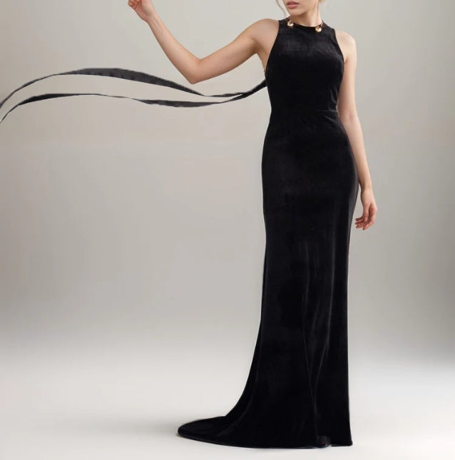 Elegant Goddess Style Halter Fit and Flare Velvet Dress with Long Ribbon