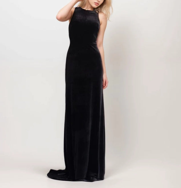 Elegant Goddess Style Halter Fit and Flare Velvet Dress with Long Ribbon