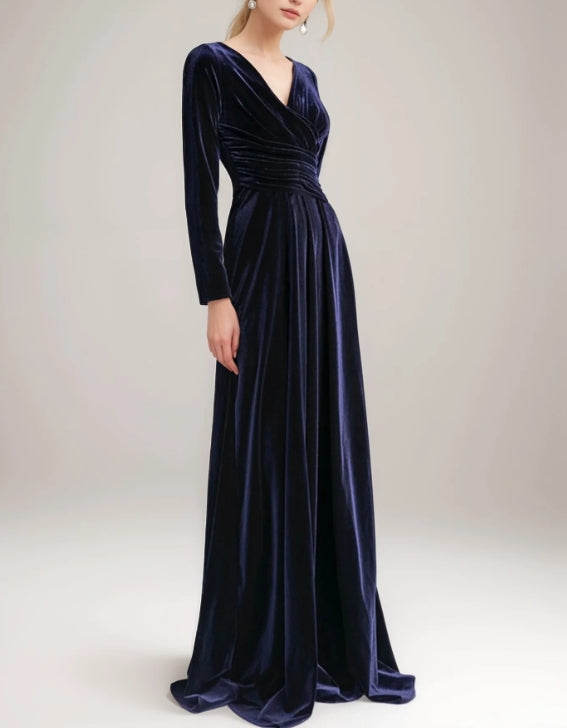 Sexy V-Neck Velvet Dress with Long Sleeves and Ruched Waist Desi