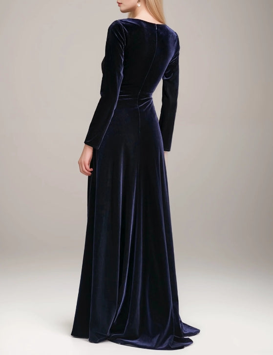 Sexy V-Neck Velvet Dress with Long Sleeves and Ruched Waist Desi