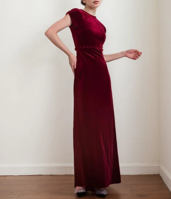 Elegant Burgundy Velvet Cap Sleeve Floor-Length Evening Dress
