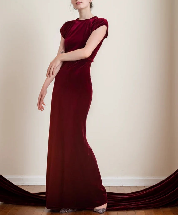 Elegant Burgundy Velvet Cap Sleeve Floor-Length Evening Dress
