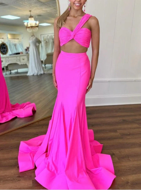 Two Piece Hot Pink One-Shoulder Mermaid Long Prom Dress