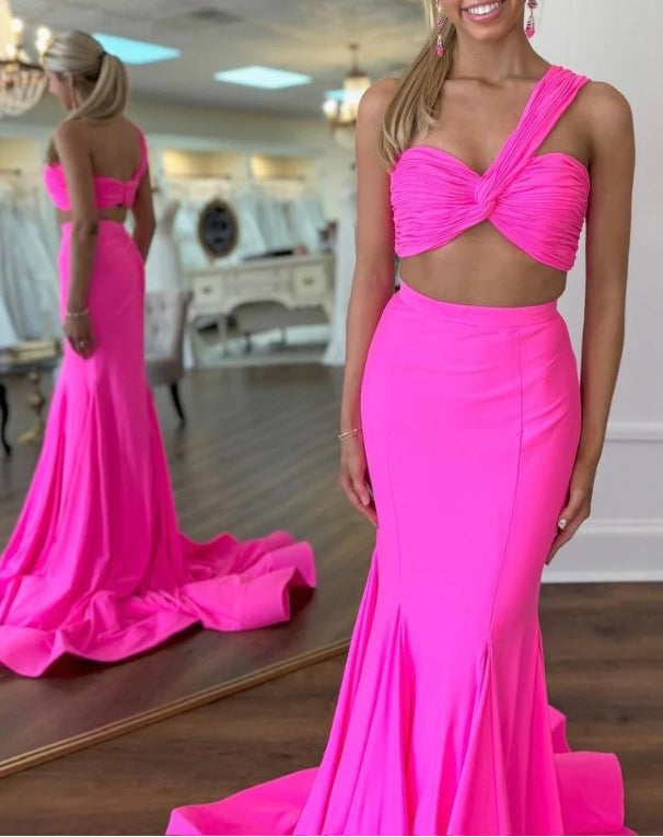 Two Piece Hot Pink One-Shoulder Mermaid Long Prom Dress