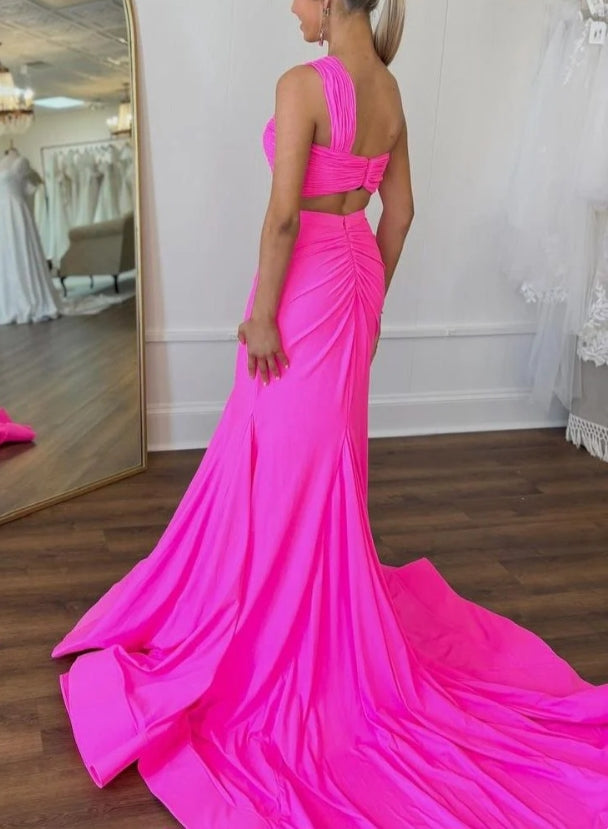 Two Piece Hot Pink One-Shoulder Mermaid Long Prom Dress