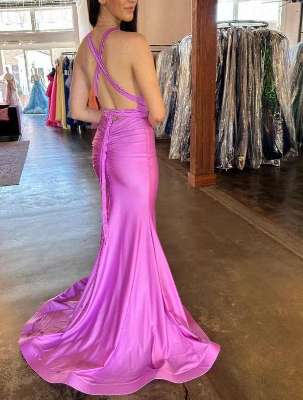 Hot Pink Mermaid Deep V Neck Crossed Back Long Prom Dress with Slit