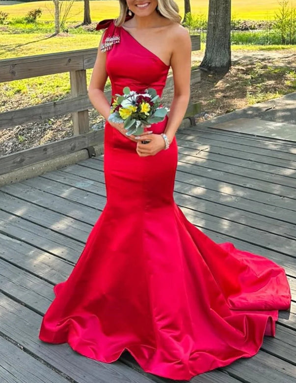 Hot Pink Bow One-Shoulder Trumpet Long Formal Prom Dress